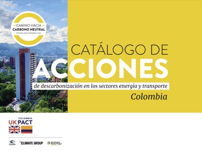 Front cover of the Spanish version of the Decarbonisation Actions Catalogue. Incudes text Catálogo de Acciones de descarbonización en los sectores energía y transporte Colombia. Partner logos to bottom left. 