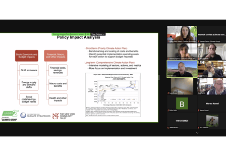 Screenshot of Zoom webinar. Attendees on right. PowerPoint slide on the right with information on Policy Impact Analysis