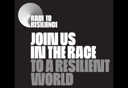Text: Race to Resilience. Join us in the race to a resilient world. White text on black background. 
