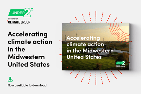 Image of report. Under2 Coalition logo at top right. Text on left: Accelerating climate action in the Midwestern United States. Now available to download. 