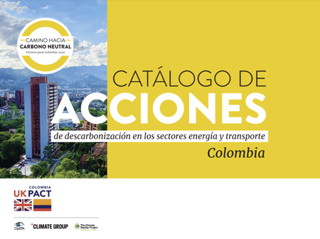 Front cover of the Spanish version of the Decarbonisation Actions Catalogue. Incudes text Catálogo de Acciones de descarbonización en los sectores energía y transporte Colombia. Partner logos to bottom left. 