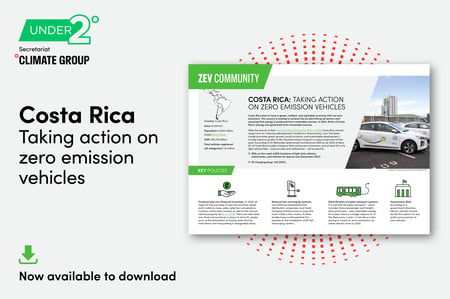 Front page of report shown to right. Text on left: Costa Rica taking action on zero emission vehicles 