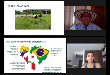 Screenshot of AGRAP webinar recording. Two speakers on right. Powerpoint slides on left with text and map infographics, and a photograph