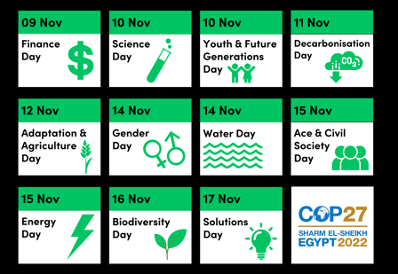 Calendar with thematic days listed with icons. Dates run from the 9th to 17th Nov. COP27 logo in bottom right