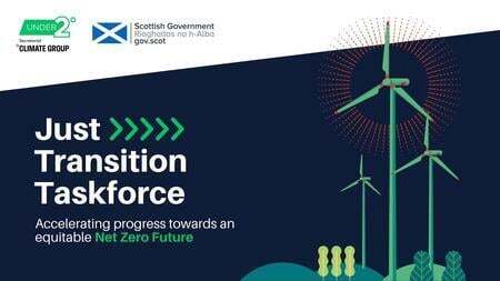 Just Transition Taskforce title with strapline: Accelerating progress towards an equitable Net Zero Future. Under2 Coalition and Scottish Government logos in top left. Net Zero Futures graphic of wind turbines to right.