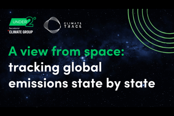 Text with A view from space: tracking global emissions state by state. Starry background with Under2 and Climate TRACE logos in top left