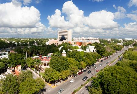 Aerial view of Merida, Yucatan, Mexico with paseo montejo in the foreground