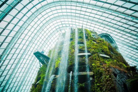 Waterfall pouring in greenhouse