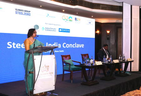 Divya Sharma giving the welcome address at SteelZero India Conclave