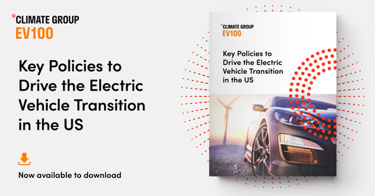 Text: "Key Policies to Drive the Electric Vehicle Transition in the US, Now available to download", image on right. 