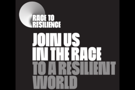 Text: Race to Resilience. Join us in the race to a resilient world. White text on black background. 