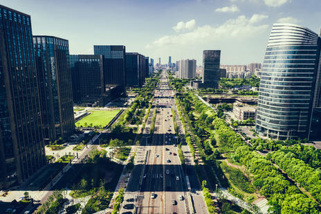 Aerial shot of a green city. Central tree-lined boulevard surrounded by sky scrapers