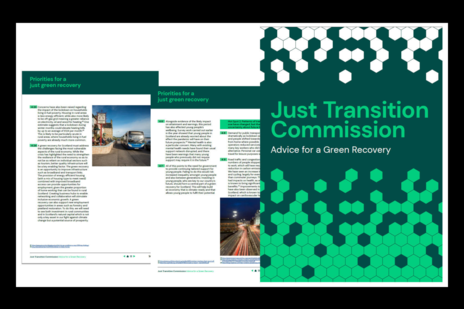 Three pages of Just Transition Commission Report featuring branded front page and two pages of text