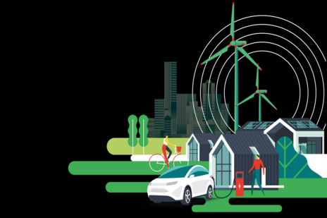 City scape graphic with buildings, green space, a wind turbine, electric vehicle and the Climate Group visual language.