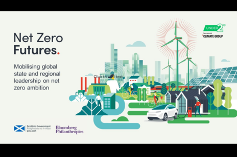 Text: Net Zero Futures. Mobilising global state and regional leadership on net zero ambition. Scottish Government and Bloomberg Philanthropies logos to bottom left. NZF graphic on right. Under2 Coalition logo at top right. 