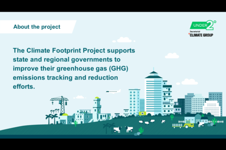 Cityscape graphic with text: The Climate Footprint Project supports state and regional governments to improve their greenhouse gas (GHG) emissions tracking and reduction efforts. 