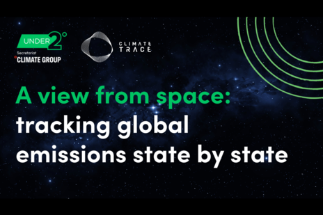Text with A view from space: tracking global emissions state by state. Starry background with Under2 and Climate TRACE logos in top left
