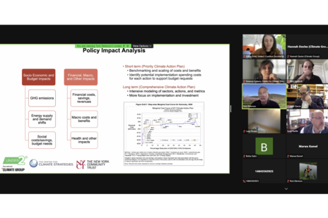Screenshot of Zoom webinar. Attendees on right. PowerPoint slide on the right with information on Policy Impact Analysis
