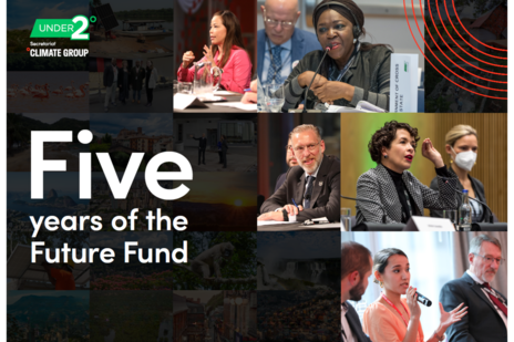 Images of government officials speaking at events. Text: Five years of the Future Fund. Under2 Coalition logo in top left.