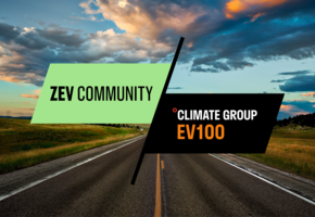 ZEV Community and EV100 logos in centre. Road stretch image in background