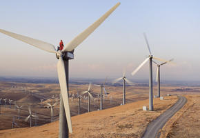 Worker standing on wind turbine at wind farm
