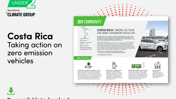 Front page of report shown to right. Text on left: Costa Rica taking action on zero emission vehicles 