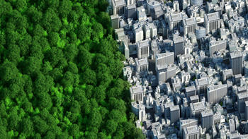 Aerial shot of the edge of a dense city area next to a tree-filled park