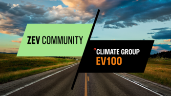 ZEV Community and EV100 logos in centre. Road stretch image in background