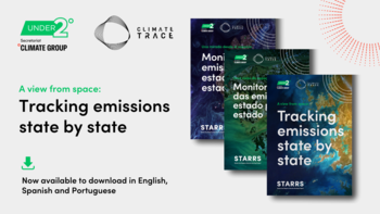 Image of STARRS report with text: A view from space: Tracking emissions state by state. Now available to download. Under2 Coalition and Climate TRACE logos in top left